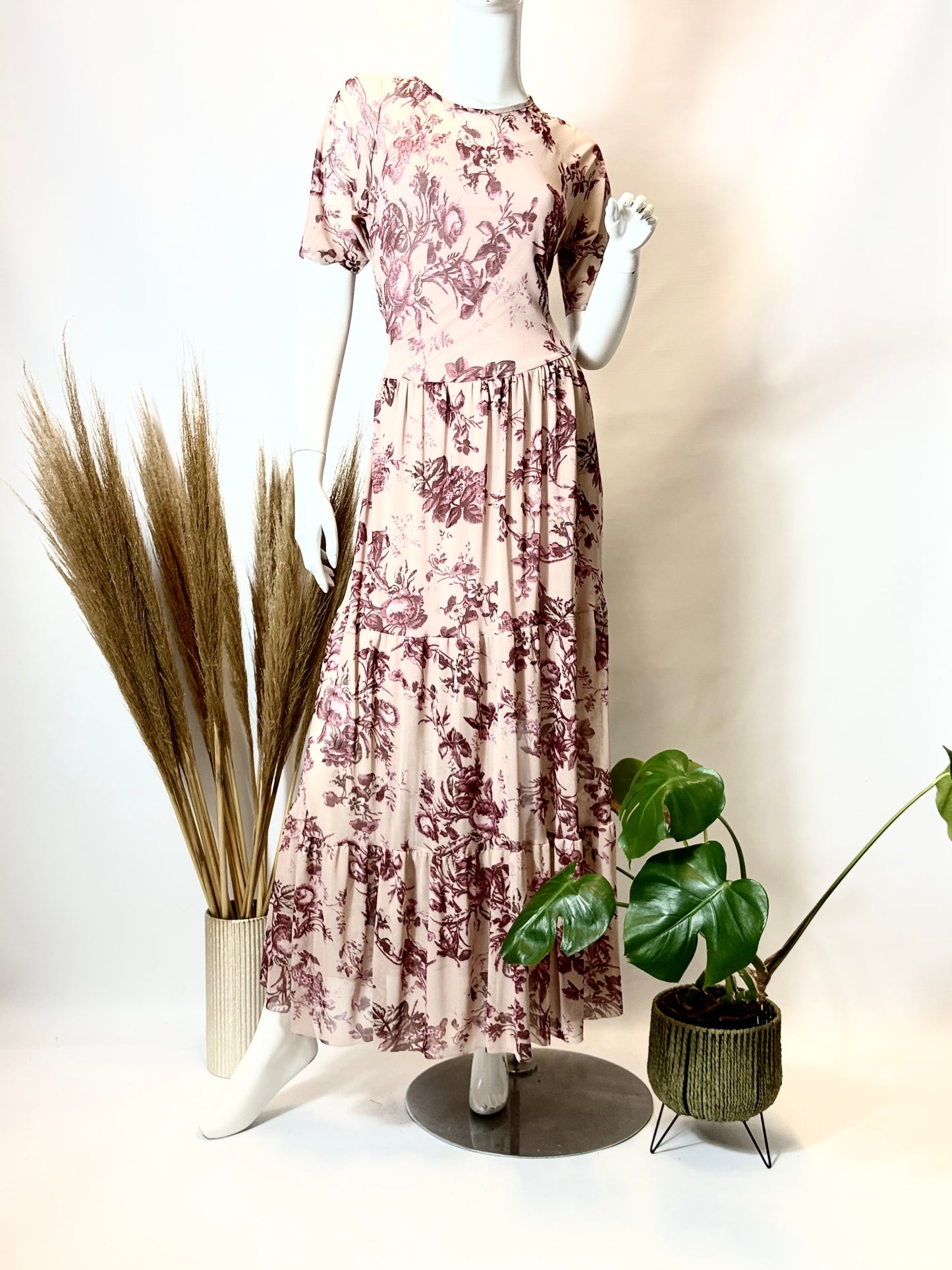 Pink & Purple Floral Short Sleeve Mesh Dress with Underdress - Dandelion Lifestyle