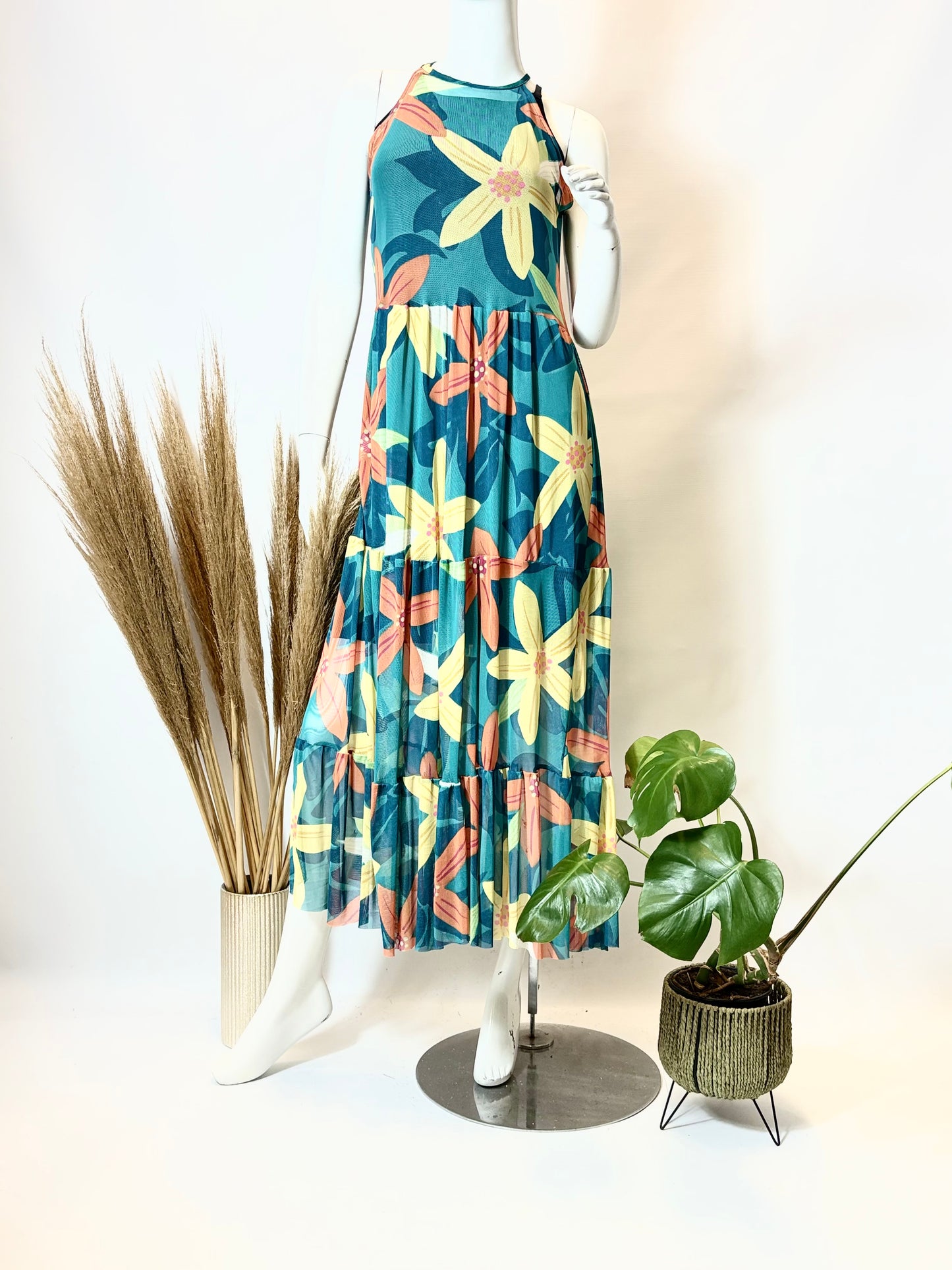 Turquoise Floral Sleeveless Mesh Dress with Underdress - Dandelion Lifestyle