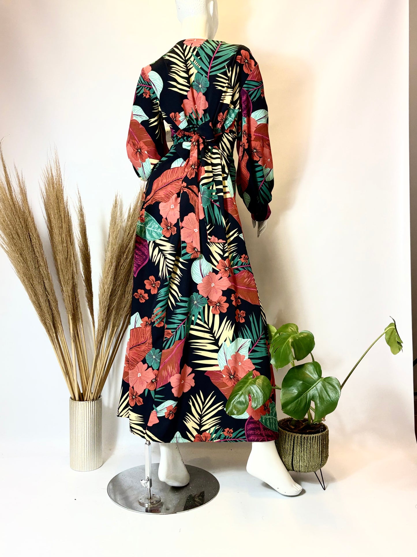 Tropical Floral Long Sleeve Dress with Front Slit - Dandelion Lifestyle