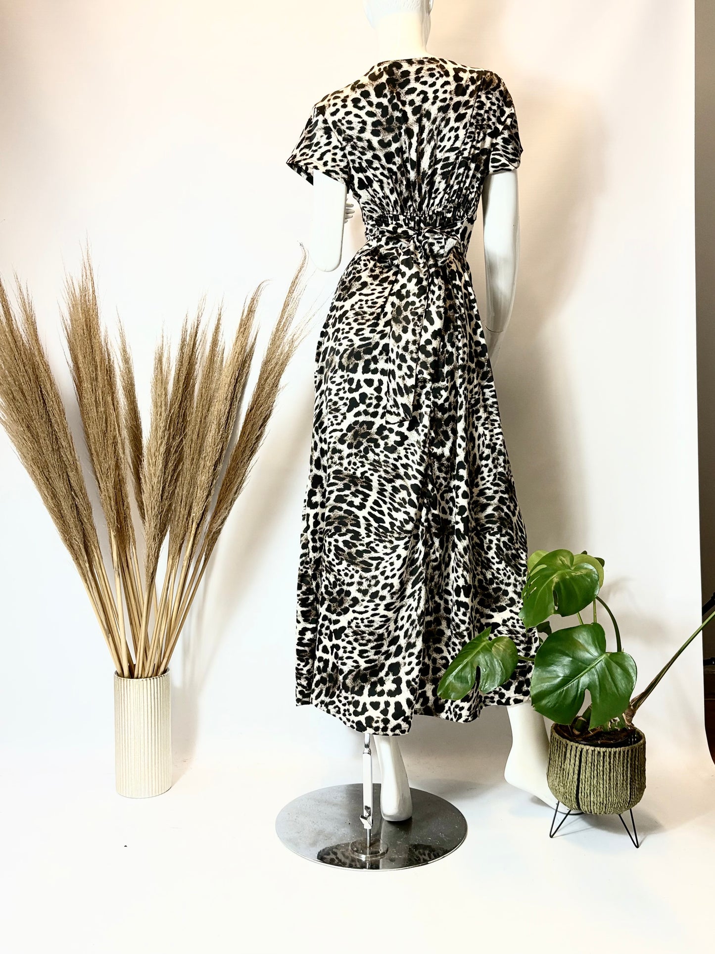 Black & Steel Grey Animal Print Cap Sleeve Dress with Front Slit