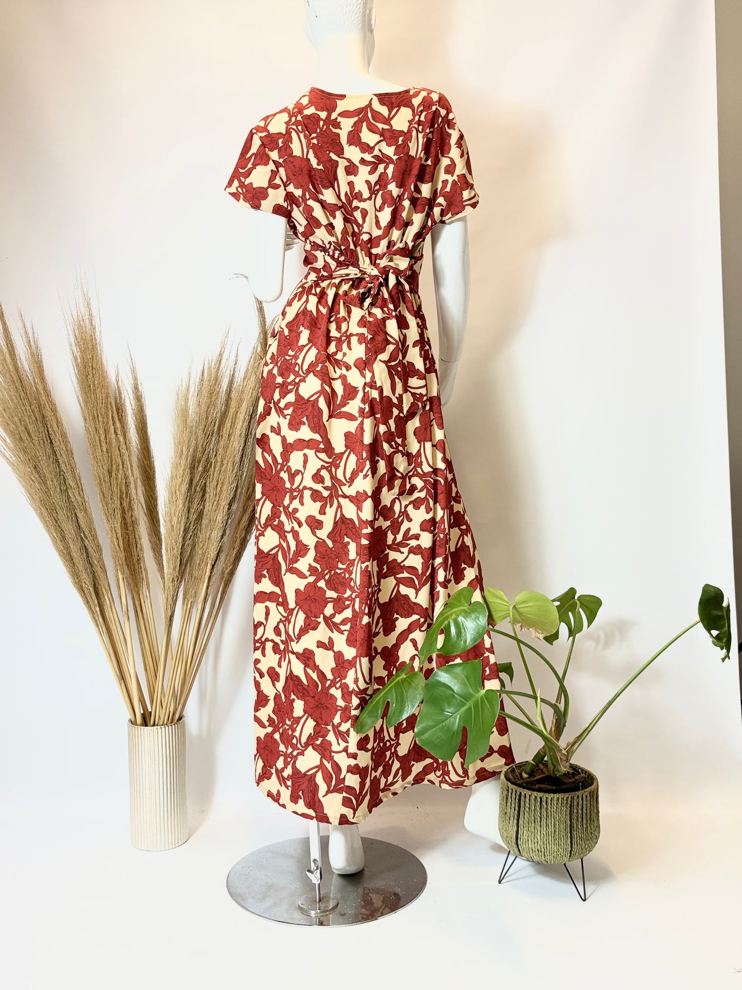 Rust and Ivory Floral Cap Sleeve Dress with Front Slit