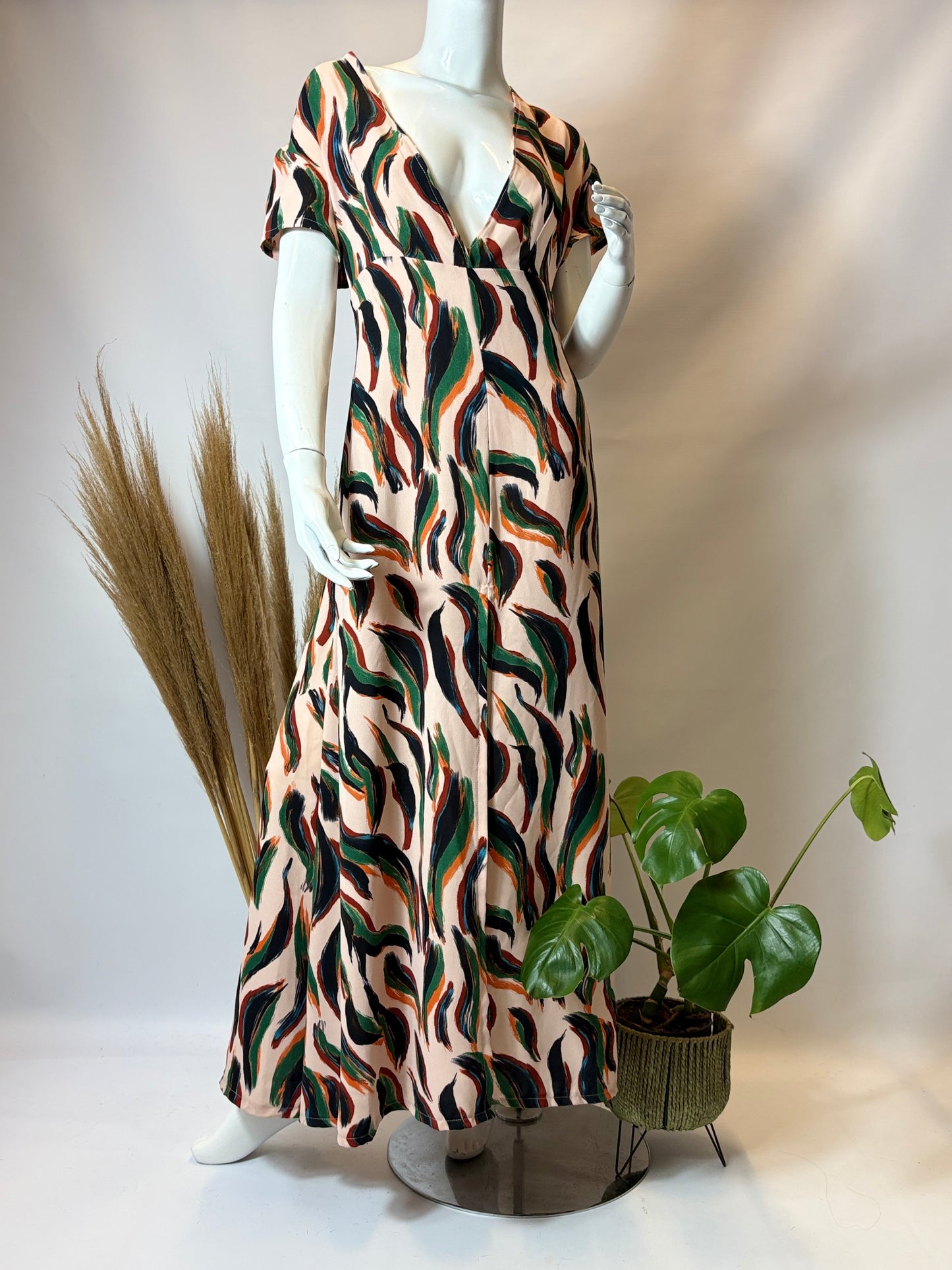 Green, Rust and Black Swish on Cream Background Cap Sleeve Dress with Front Slit