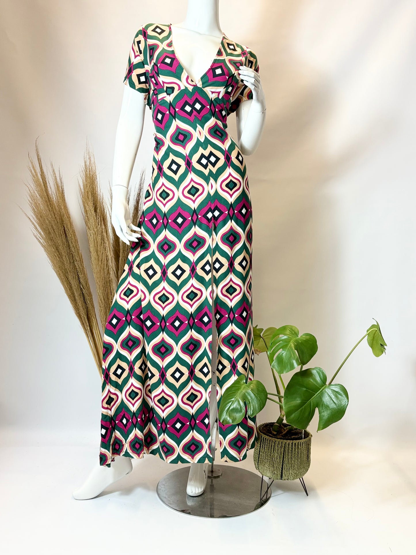 Geometric Print Cap Sleeve Dress with Front Slit - Dandelion Lifestyle