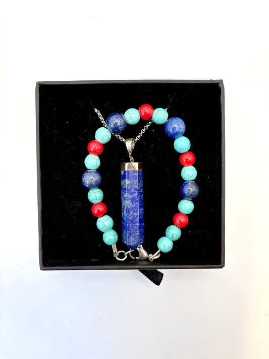 Lapis Lazuli with Turquoise and Jade Pendant on Chain with Bracelet - Dandelion Lifestyle