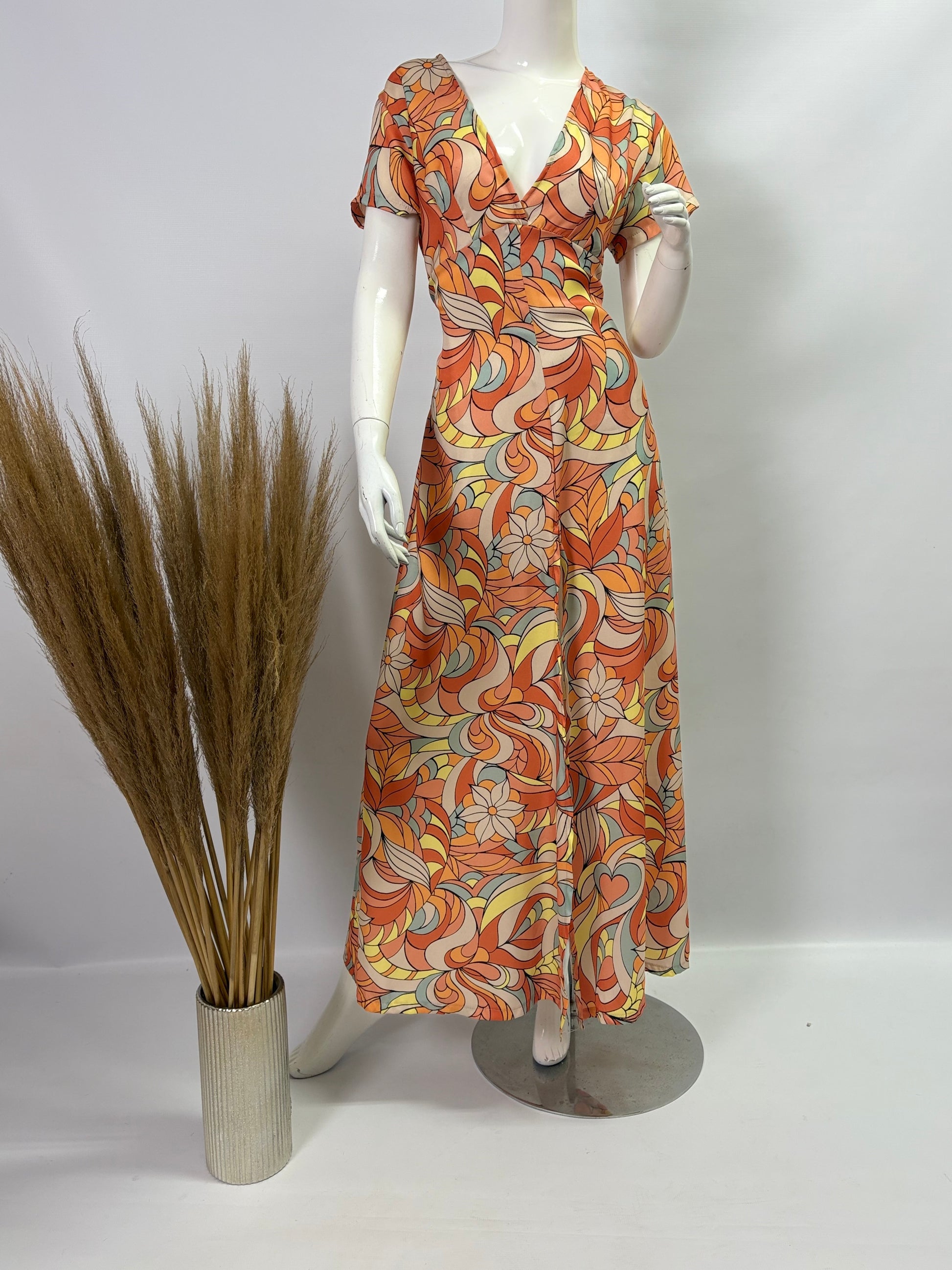 Tangerine Stained Glass Cap Sleeve Dress with Front Slit - Dandelion Lifestyle