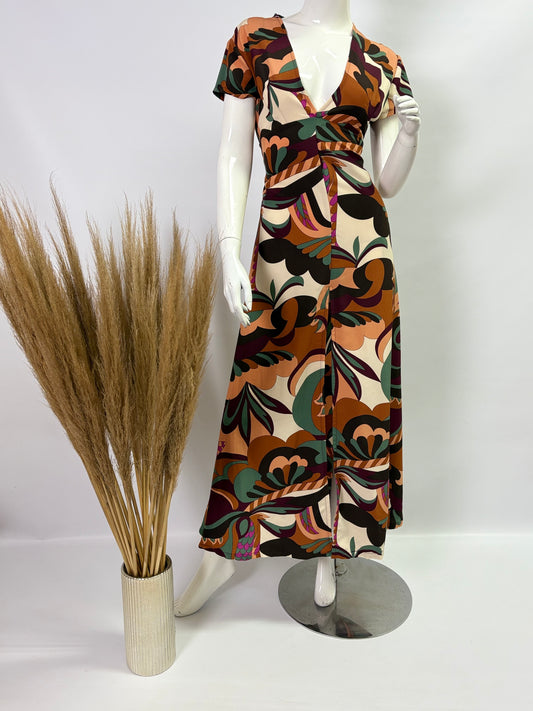 Chocolate Retro Cap Sleeve Dress with Front Slit - Dandelion Lifestyle