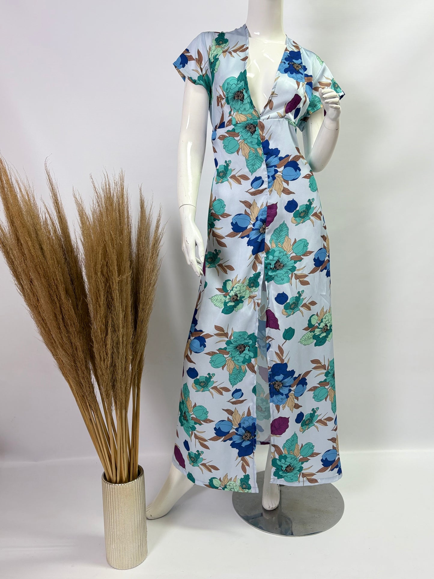 Emerald Green Floral Cap Sleeve Dress with Front Slit - Dandelion Lifestyle