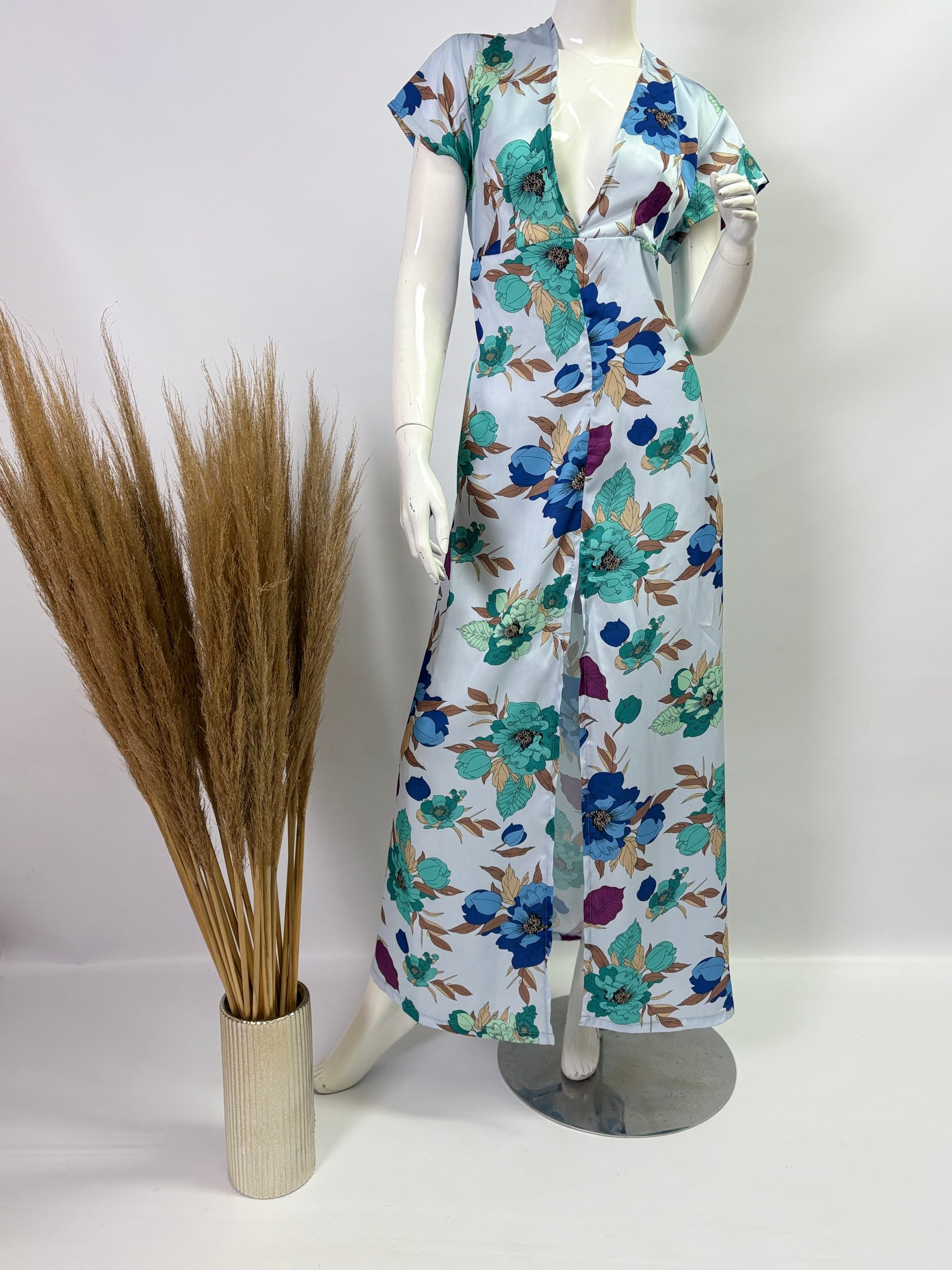 Sea Blue Hues Floral Cap Sleeve Dress with Front Slit - Dandelion Lifestyle