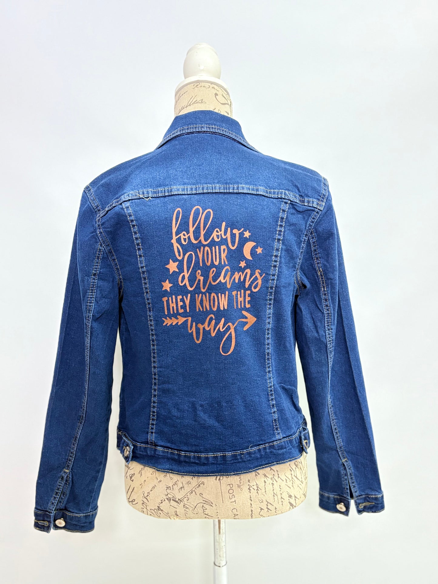 Denim Jacket with Follow Your Dreams Print in Bronze - Dandelion Lifestyle