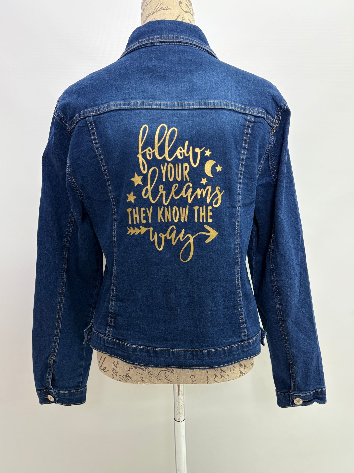 Denim Jacket with Follow Your Dreams Print in Gold - Dandelion Lifestyle