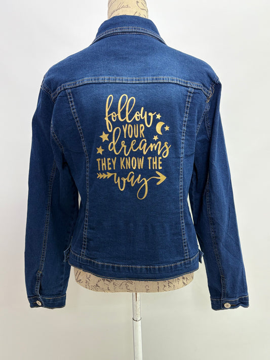 Denim Jacket with Follow Your Dreams Print in Gold - Dandelion Lifestyle