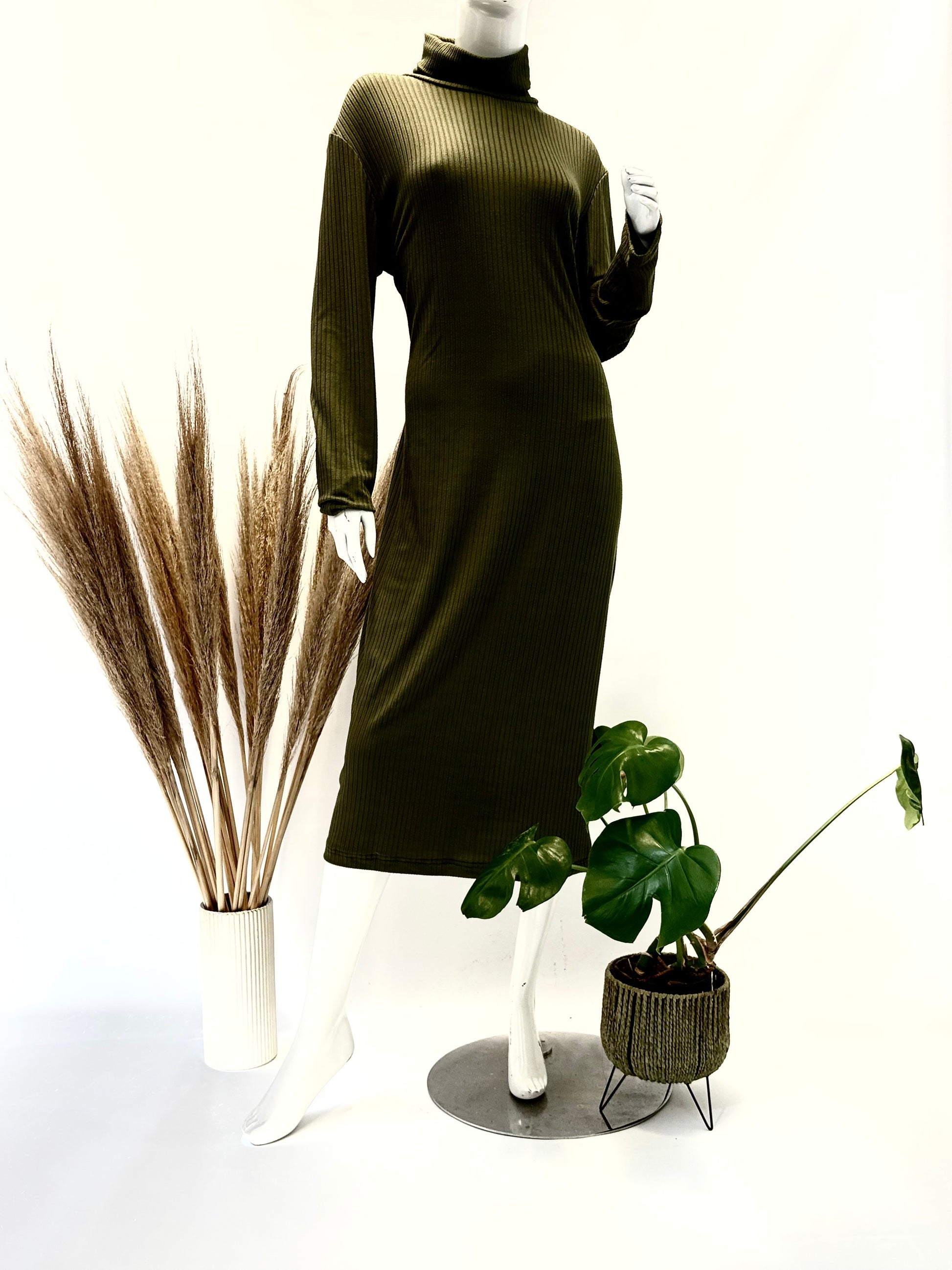 Khaki Turtle Neck Bodycon Dress - Dandelion Lifestyle