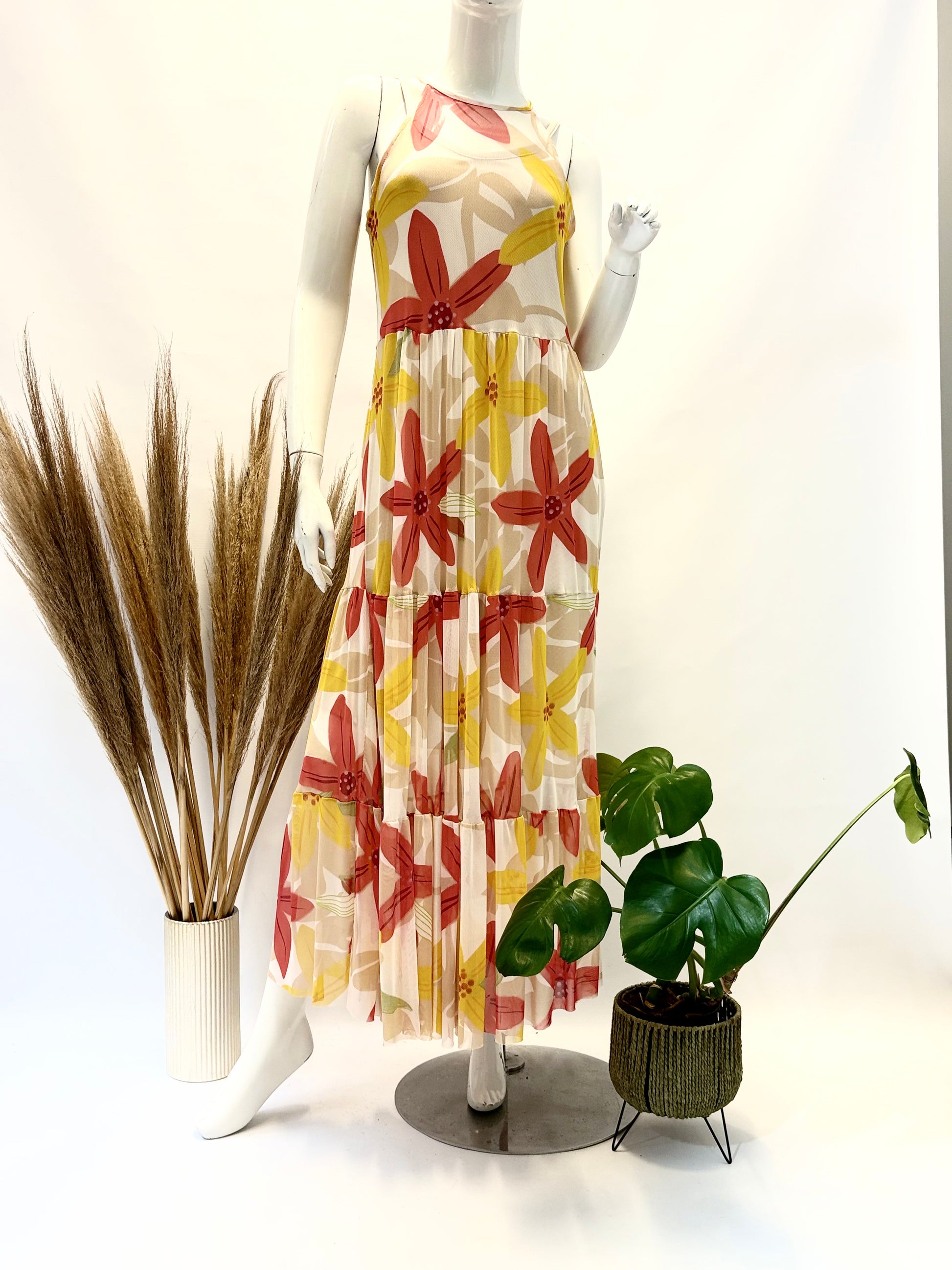 Orange & Yellow Floral Sleeveless Mesh Dress with Underdress - Dandelion Lifestyle