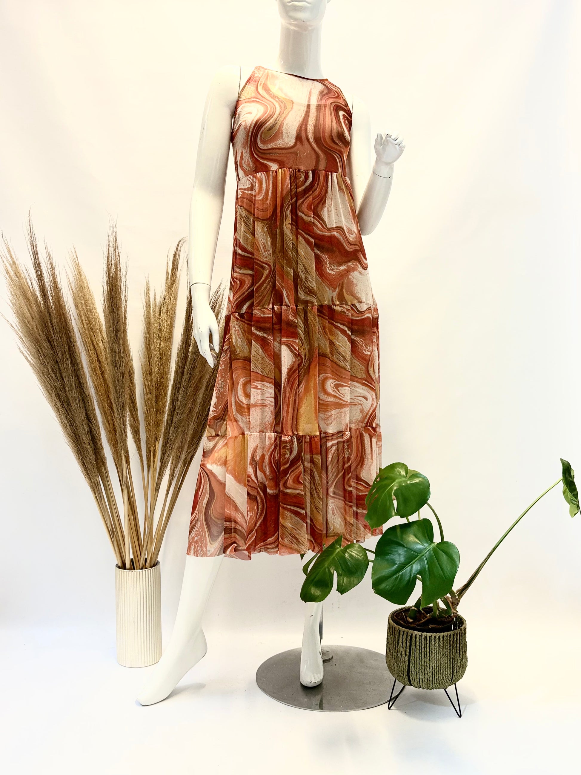 Orange Swirl Sleeveless Mesh Dress with Underdress - Dandelion Lifestyle