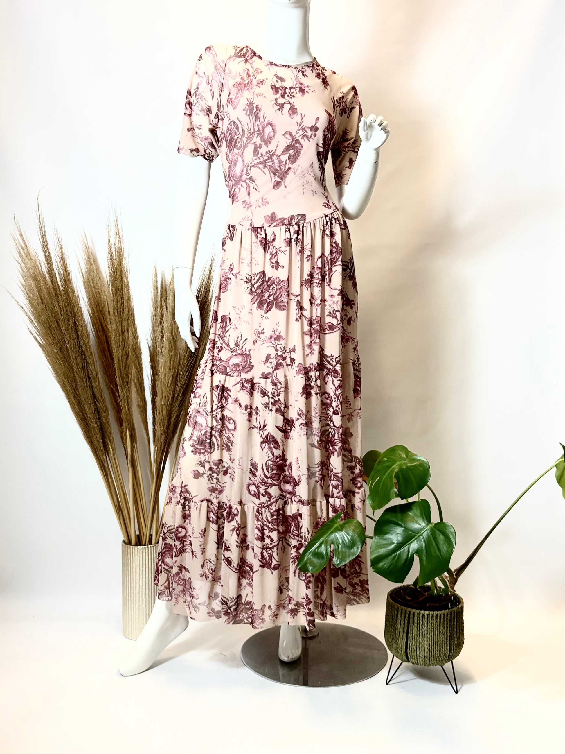 Pink & Purple Floral Short Sleeve Mesh Dress with Underdress - Dandelion Lifestyle