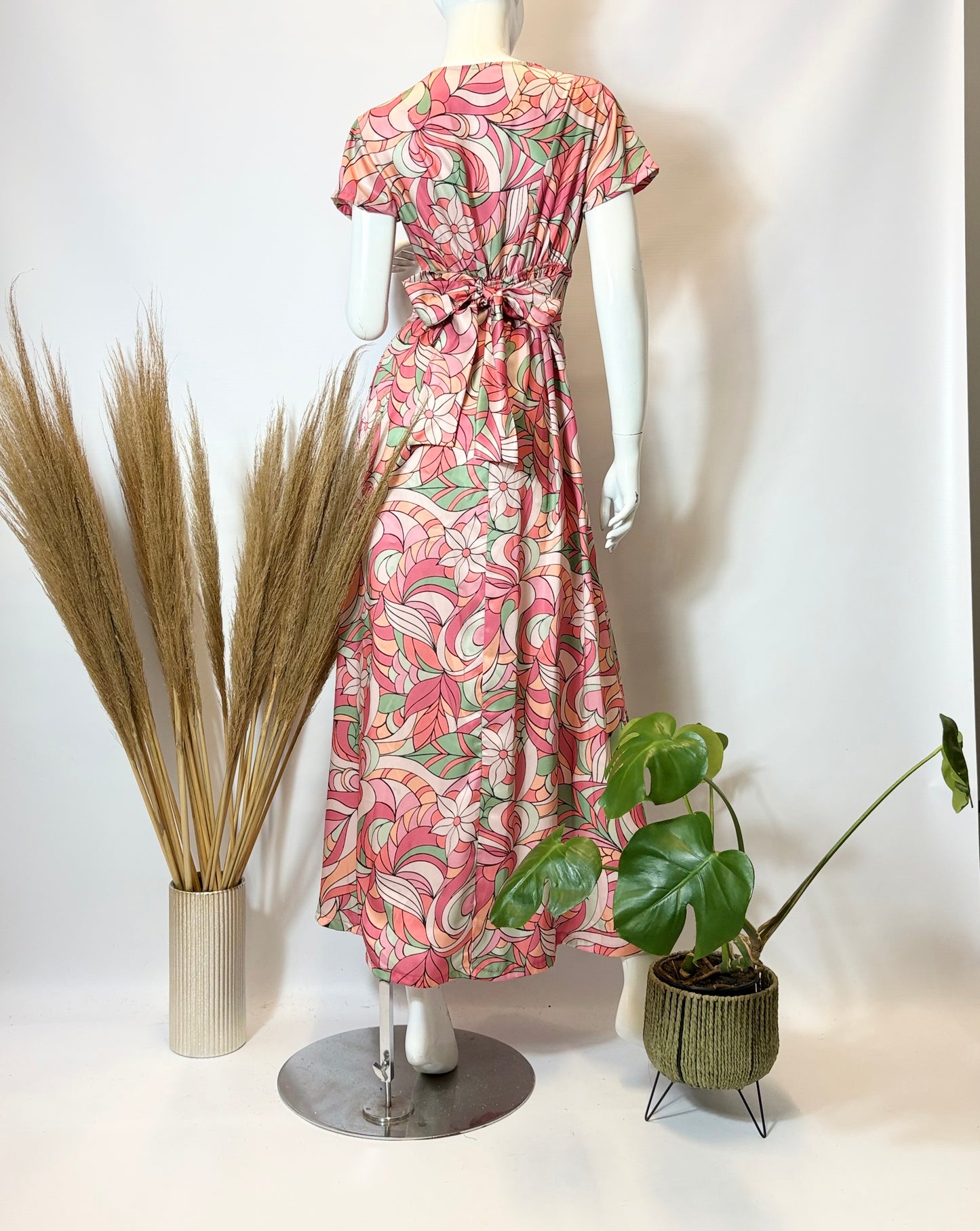 Rose Stained Glass Cap Sleeve Dress with Front Slit - Dandelion Lifestyle