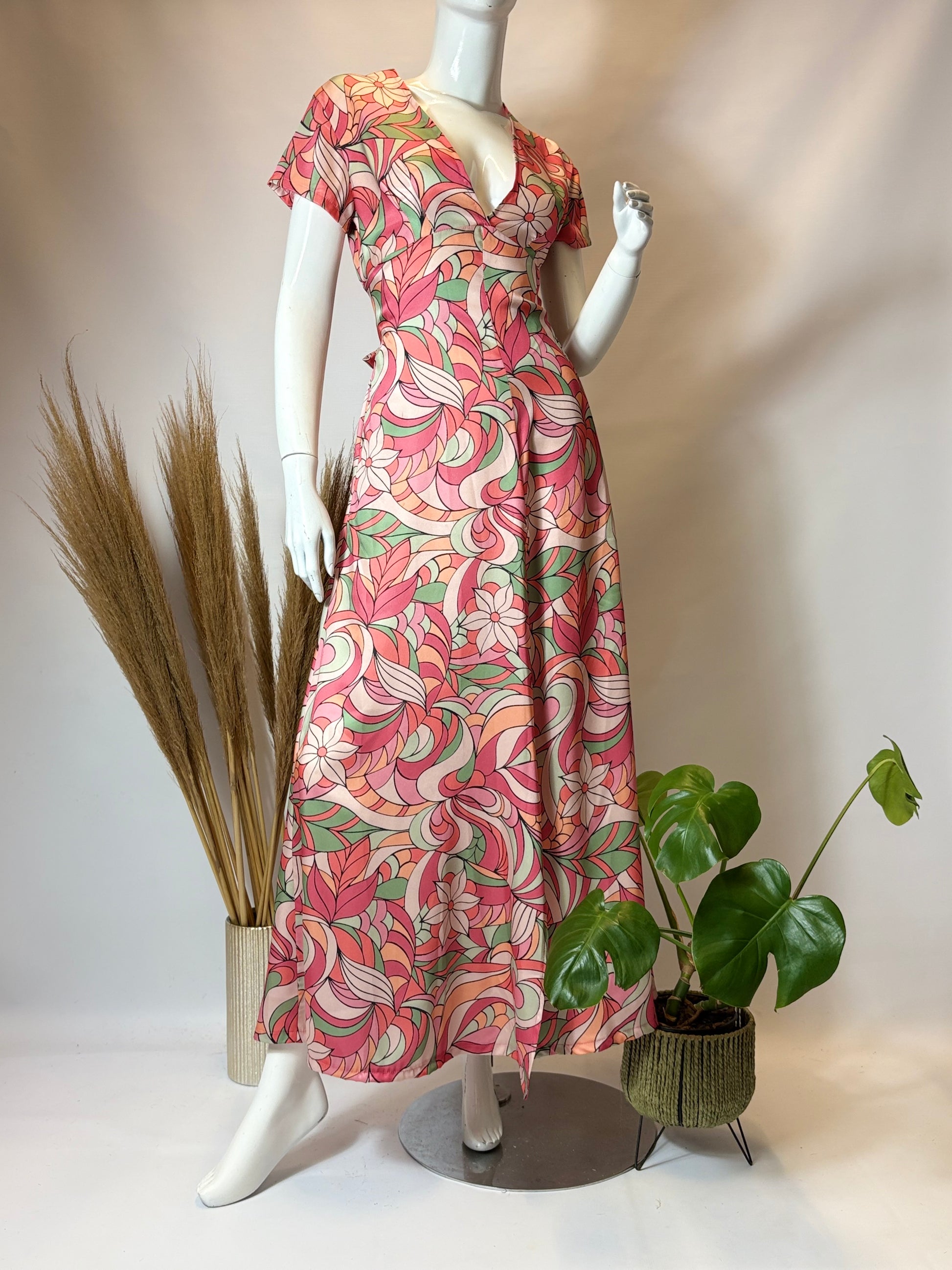 Rose Stained Glass Cap Sleeve Dress with Front Slit - Dandelion Lifestyle