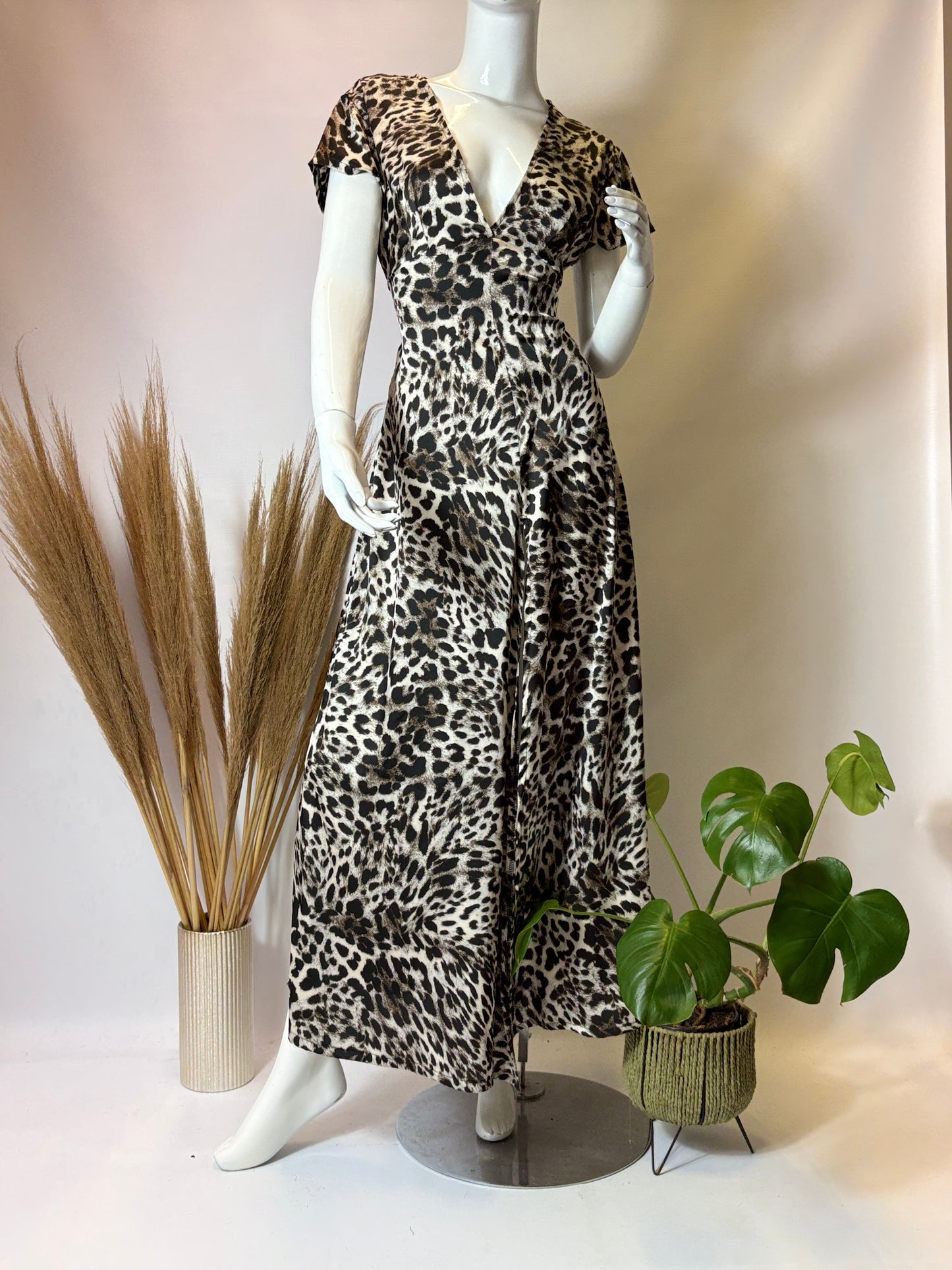 Black & Steel Grey Animal Print Cap Sleeve Dress with Front Slit