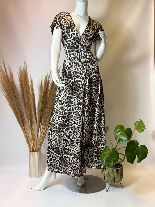 Black & Steel Grey Animal Print Cap Sleeve Dress with Front Slit