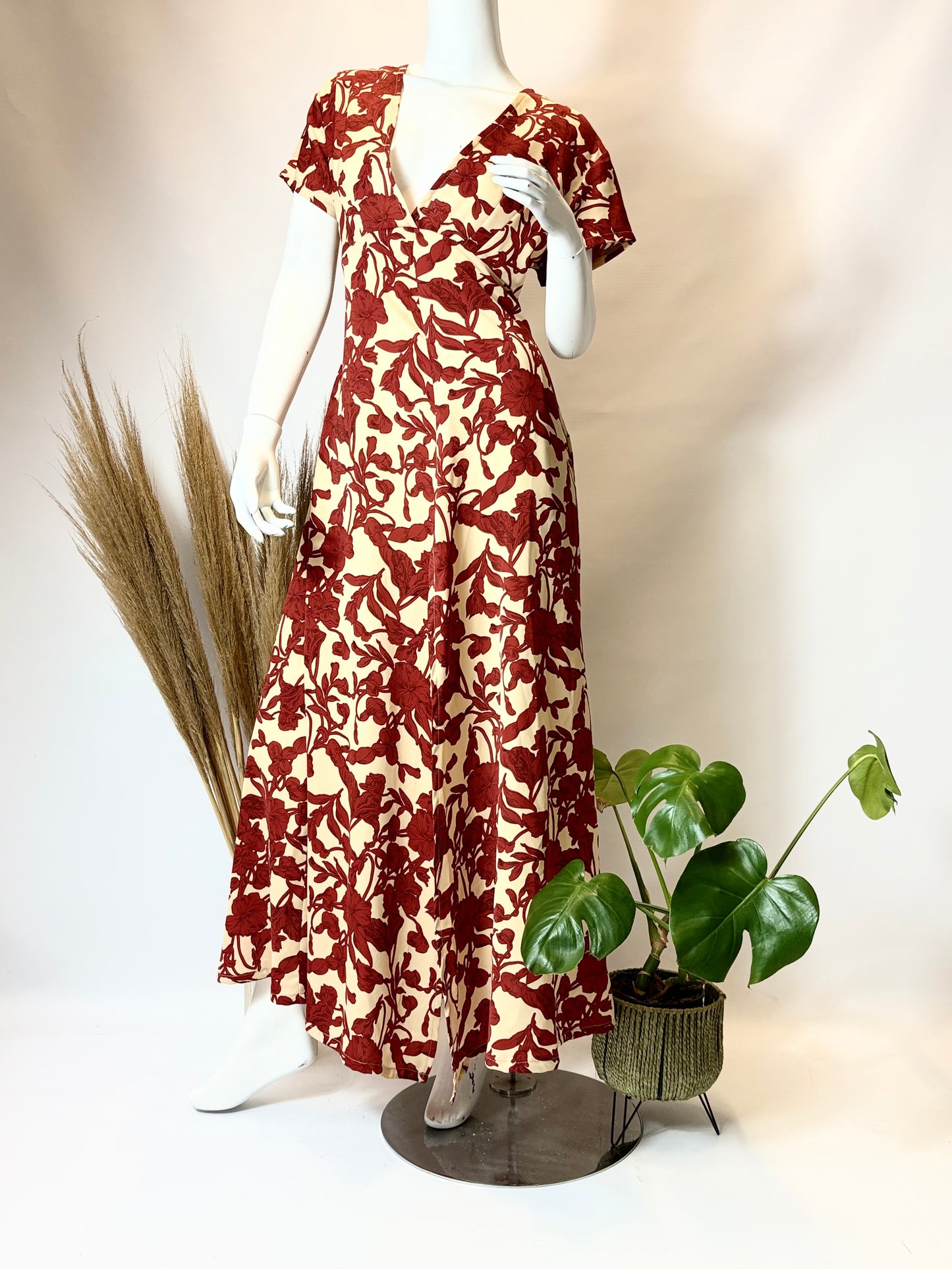 Rust and Ivory Floral Cap Sleeve Dress with Front Slit