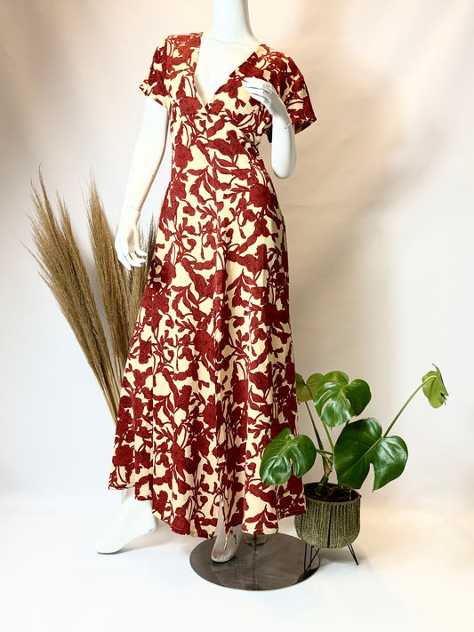 Rust and Ivory Floral Cap Sleeve Dress with Front Slit
