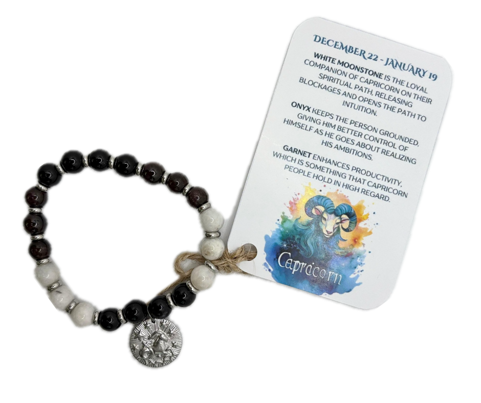 Capricorn - Handmade Elasticated Crystal Zodiac Bracelet with Capricorn Charm - Dandelion Lifestyle