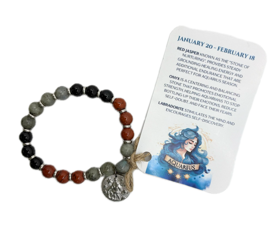 Aquarius - Handmade Elasticated Crystal Zodiac Bracelet with Aquarius Charm - Dandelion Lifestyle