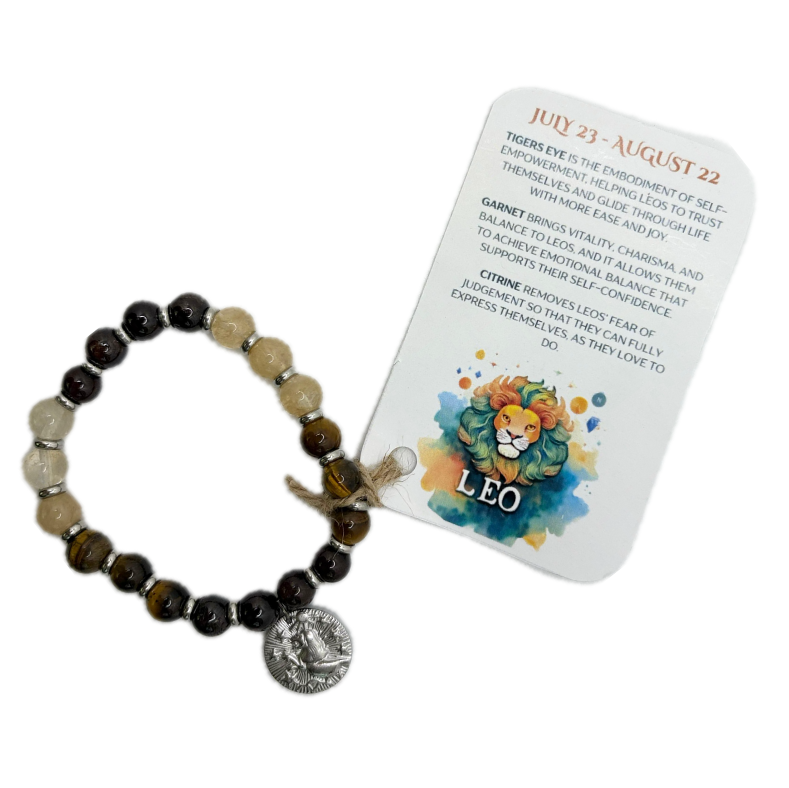 Leo - Handmade Elasticated Crystal Zodiac Bracelet with Leo Charm - Dandelion Lifestyle