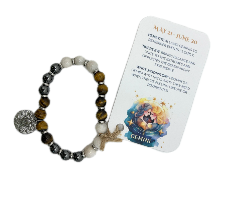 Gemini - Handmade Elasticated Crystal Zodiac Bracelet with Gemini Charm - Dandelion Lifestyle