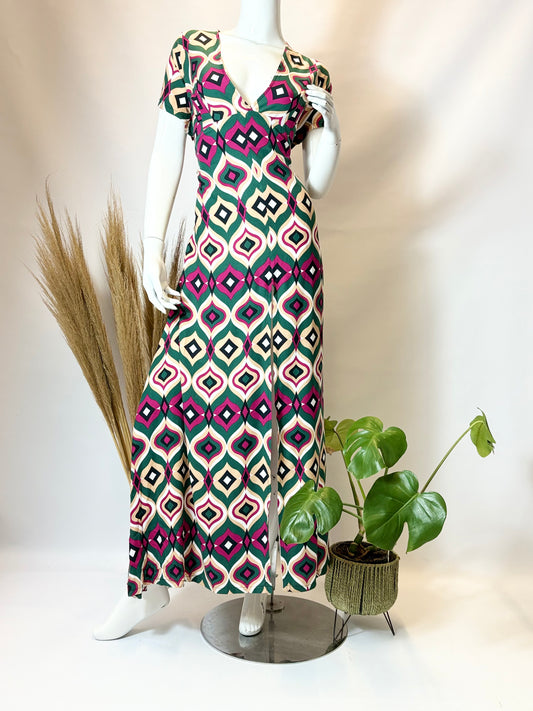 Geometric Print Cap Sleeve Dress with Front Slit - Dandelion Lifestyle