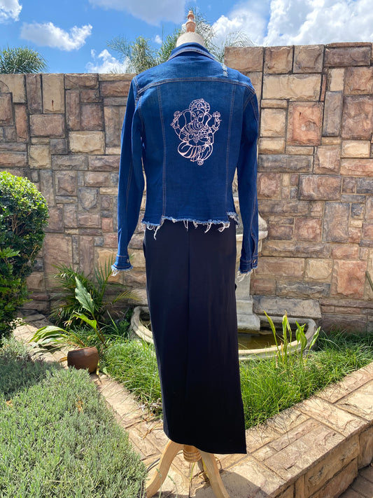 Rose Gold Ganesh on Distressed Denim Jacket - Dandelion Lifestyle