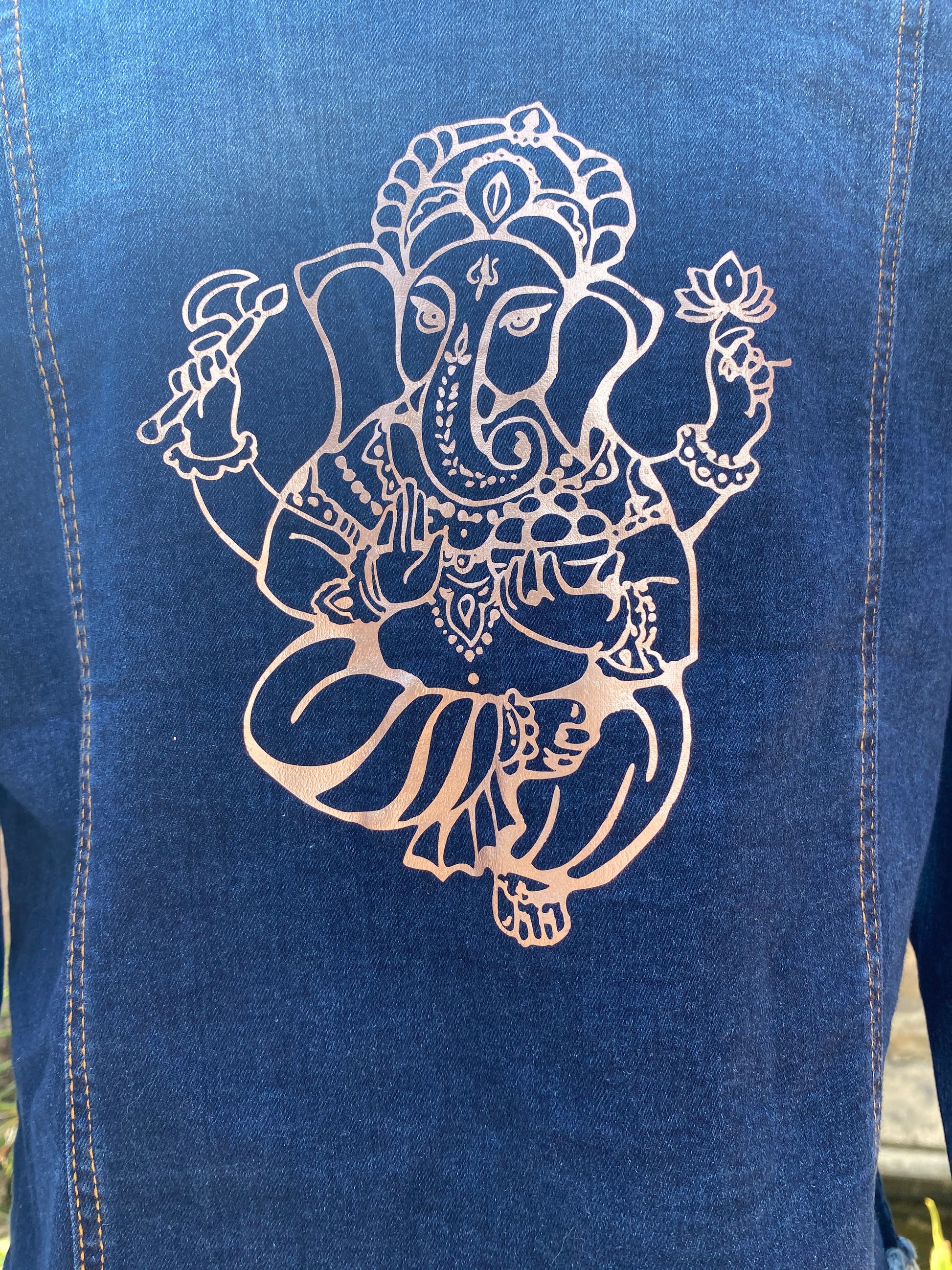 Rose Gold Ganesh on Distressed Denim Jacket - Dandelion Lifestyle